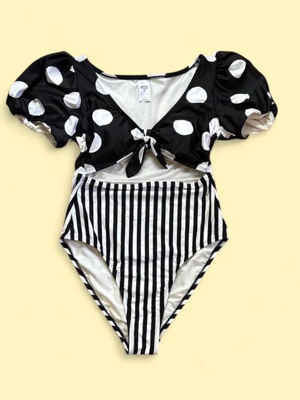 Polka Dot & Stripe Cutout One-Piece Swimsuit - Black/White
